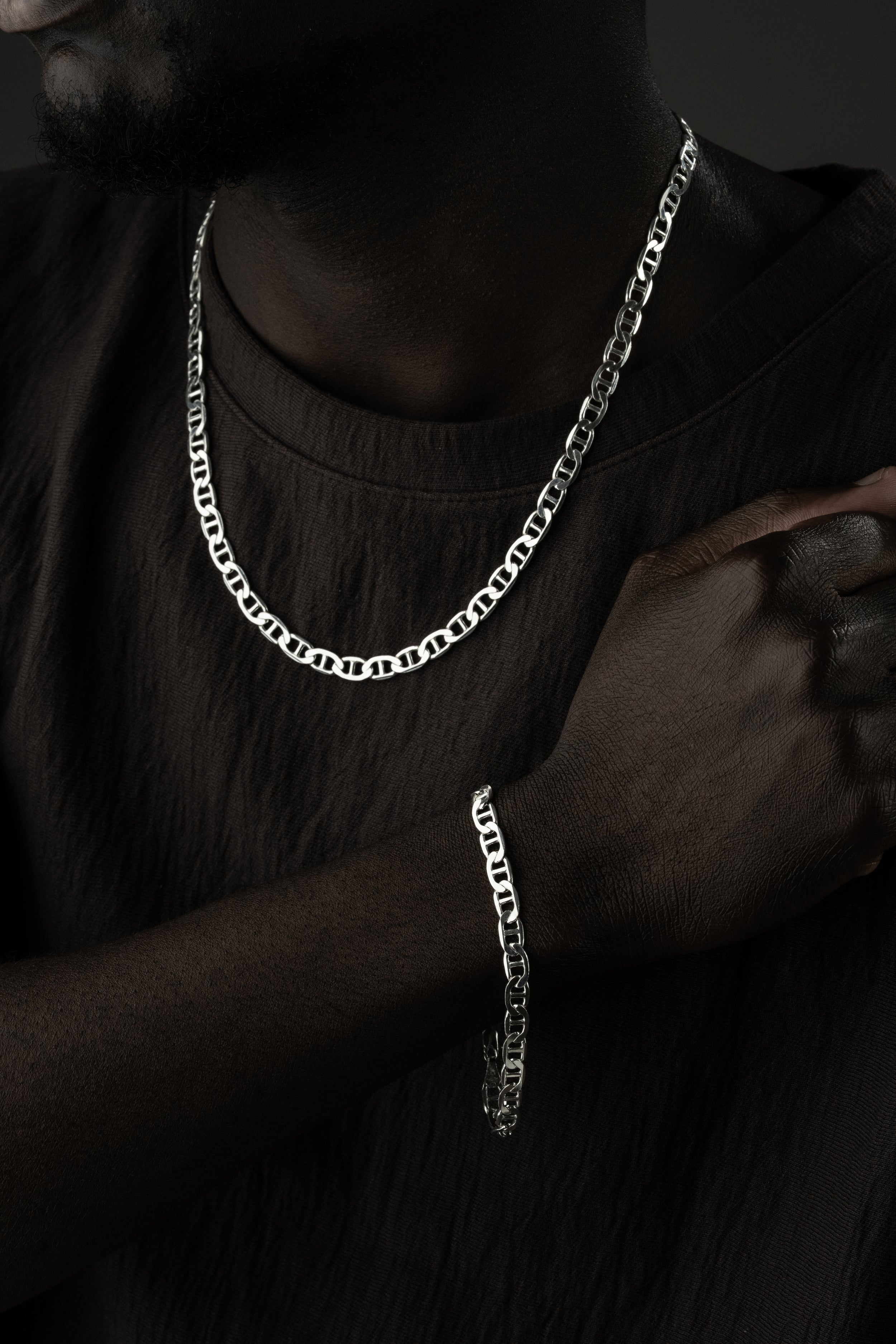 Cuban Link Set aus 925 Silber von Ketten Boss, glänzende silberne Halskette und Armband mit massiven Gliedern