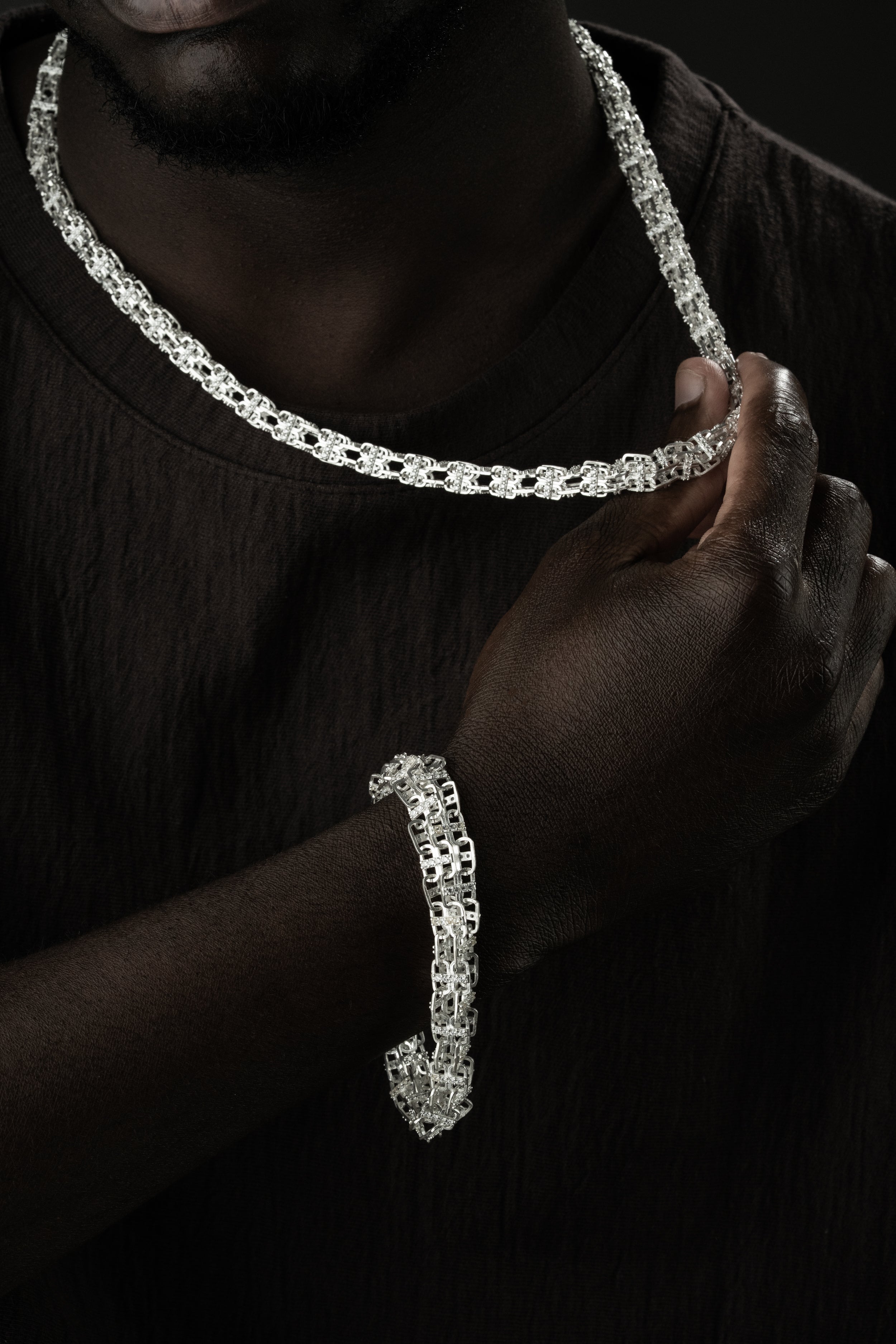 Käfigkette Set aus 925 Silber von Ketten Boss, detailreiche silberne Halskette mit Käfig-Design, Nahaufnahme